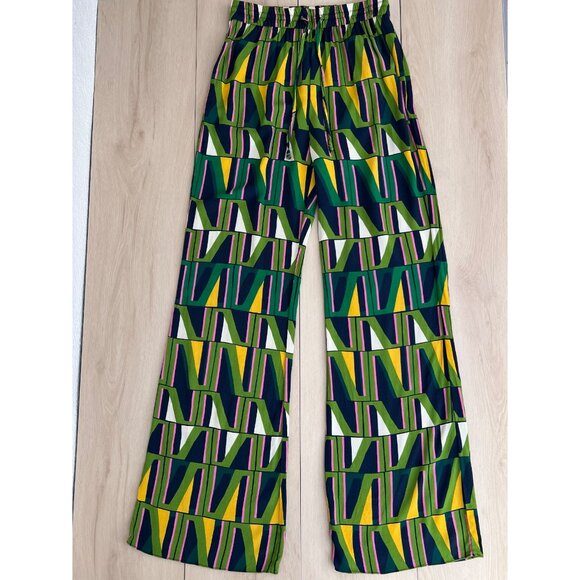Zara Geometric Green Yellow Pink Print Palazzo Pants w/ Pockets M 60's Aesthetic - Picture 7 of 15
